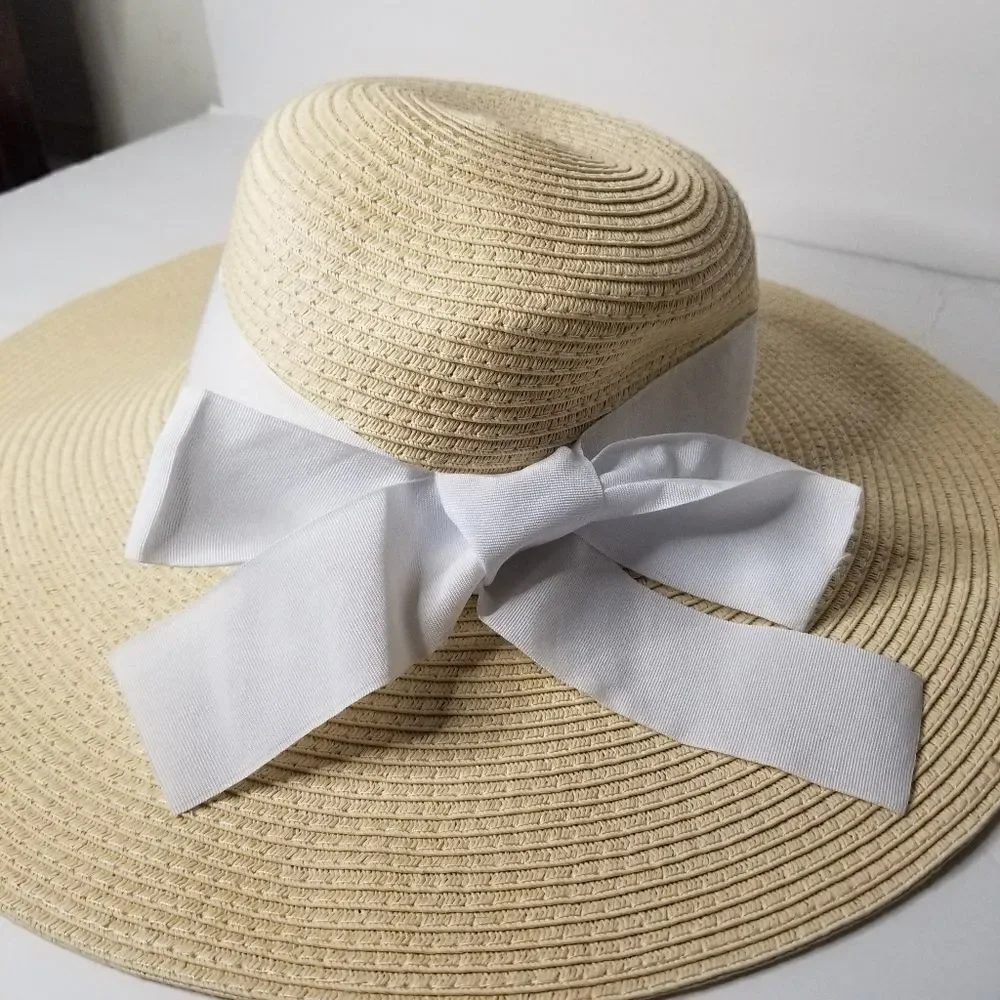 Sun hat beach vacation widebrim straw floppy hat one size Women's